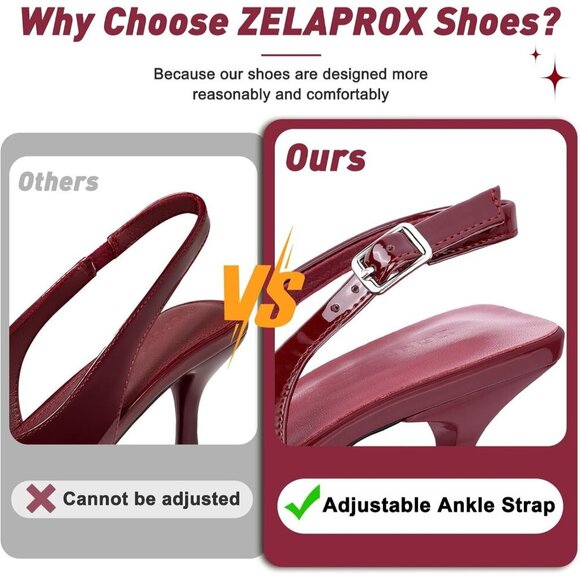 🆕Wine Faux Leather Pointed Toe Sling back Kitten Heel with Bow Knot Adjustable - Picture 5 of 8